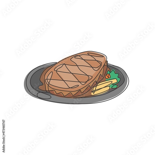 One single line drawing of fresh delicious rib eye steak on plate logo vector art illustration. Steak restaurant badge concept. Modern continuous line graphic draw design