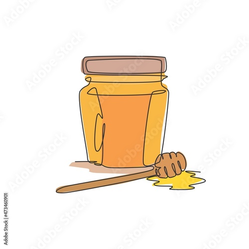 Single continuous line drawing of stylized sweet honey on glass jar with wooden dipper icon. Healthy organic supplement concept. Modern one line draw design vector illustration for natural food store