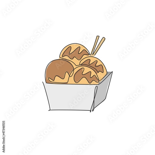 Single continuous line drawing of stylized Japanese takoyaki ball logo label. Emblem seafood restaurant concept. Modern one line draw design vector illustration for cafe, shop or food delivery service