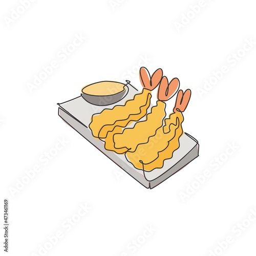 Single continuous line drawing of stylized crunchy Japan tempura logo label. Emblem seafood restaurant concept. Modern one line draw design vector illustration for cafe, shop or food delivery service