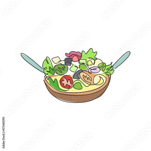 One single line drawing of fresh organic salad logo vector illustration graphic. Healthy vegan food cafe menu and restaurant badge concept. Modern continuous line draw design street food logotype