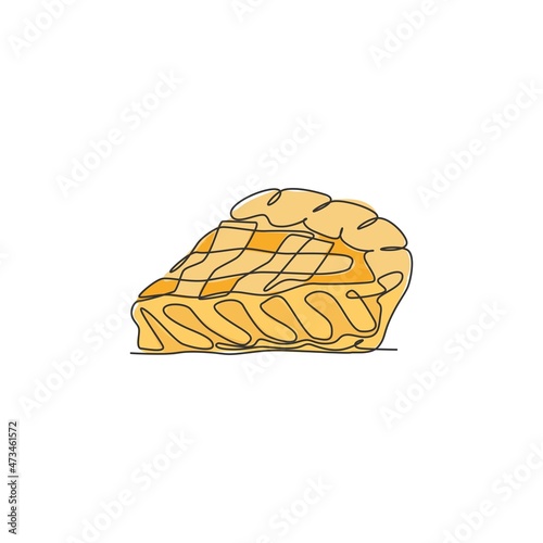 One single line drawing of fresh sliced apple pie logo graphic vector illustration. Pastry bakery food cafe menu and restaurant badge concept. Modern continuous line draw design cake logotype