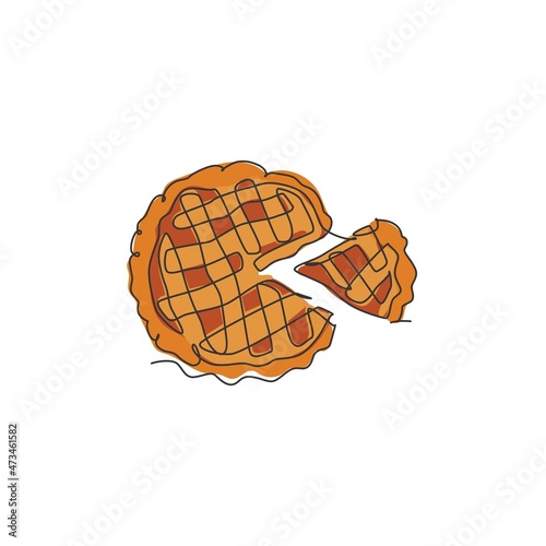 One continuous line drawing of fresh delicious American apple pie for restaurant menu logo emblem. Pastry food cafe shop logotype template concept. Modern single line draw design vector illustration