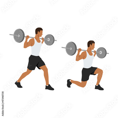 fitness, sport and exercise concept - smiling sporty man with barbell doing split squat or lunge