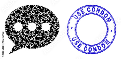 Puzzle forum message mosaic icon with Use Condom watermark. Blue vector round grunge watermark with Use Condom phrase. Abstract mosaic of forum message icon organized of puzzle components.