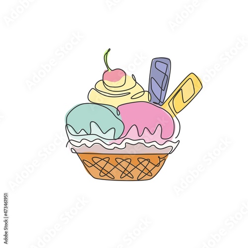 Single continuous line drawing of stylized ice cream cup with cherry topping logo label. Sweet frozen dessert concept. Modern one line draw design vector graphic illustration for snack cafe shop