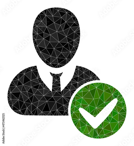 Low-poly valid user icon illustration is combined from randomized filled triangles. Triangle valid user polygonal 2d vector illustration. Valid User icon is filled with triangles.