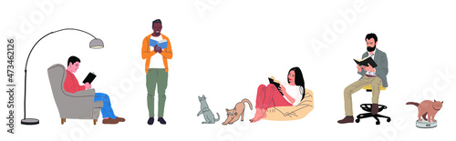 People or students reading and preparing for examination sitting on. Education, learning design elements. Modern literature fans, Set of book lovers, readers. Flat cartoon vector illustration. 