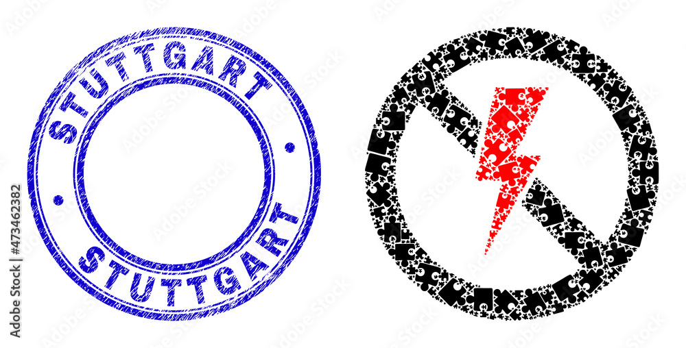 Puzzle no electricity mosaic icon with Stuttgart seal. Blue vector round scratched seal stamp with Stuttgart message. Abstract mosaic of no electricity icon organized of puzzle components. Puzzle no electricity mosaic icon with Stuttgart seal. Blue vector round scratched seal stamp with Stuttgart message. Abstract mosaic of no electricity icon organized of puzzle components.