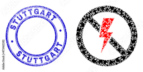 Puzzle no electricity mosaic icon with Stuttgart seal. Blue vector round scratched seal stamp with Stuttgart message. Abstract mosaic of no electricity icon organized of puzzle components.