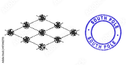 Puzzle grid layer nodes mosaic icon with South Pole seal stamp. Blue vector round scratched seal stamp with South Pole phrase.