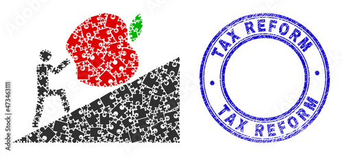 Puzzle man rolling apple up mosaic icon with Tax Reform badge. Blue vector round scratched seal stamp with Tax Reform message. Abstract mosaic of man rolling apple up icon combined of puzzle plugins.