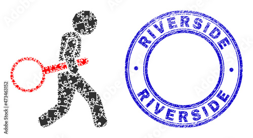 Puzzle zoom glass robber mosaic icon and Riverside seal. Blue vector rounded textured seal with Riverside title. Abstract mosaic of zoom glass robber icon created of puzzle elements.