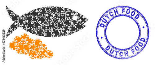 Puzzle fish caviar mosaic icon with Dutch Food seal stamp. Blue vector round distress seal stamp with Dutch Food title. Abstract mosaic of fish caviar icon created of puzzle plugins.