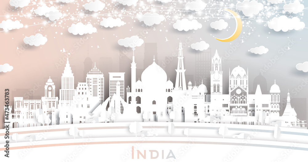 Fototapeta premium India City Skyline in Paper Cut Style with White Buildings, Moon and Neon Garland.