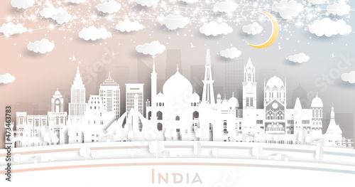 India City Skyline in Paper Cut Style with White Buildings, Moon and Neon Garland.