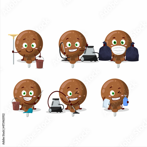 Cleaning service orange lolipop wrapped cute cartoon character using mop