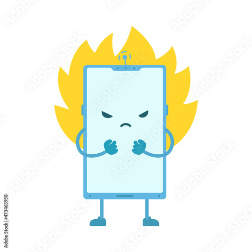 Phone character overheat. Evil unkind. Failure error. Error flame. Vector illustration.