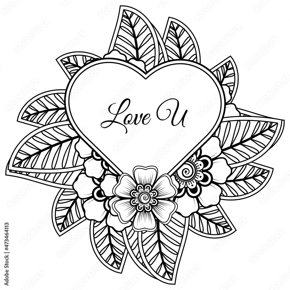Mehndi flower with frame in shape of heart. decoration in ethnic oriental, doodle ornament.