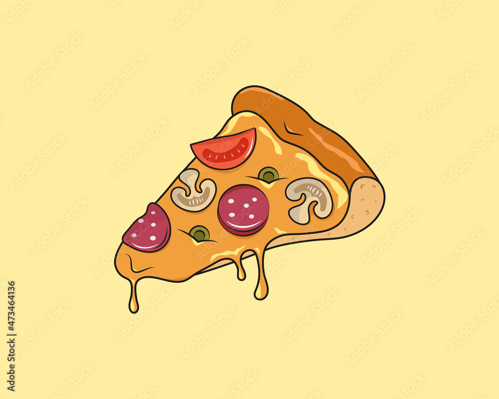 Vector illustration. Pizza slice with melted cheese and pepperoni. cartoon style with contour. Unhealthy food, Isolated. Vector illustration. Pizza slice with melted cheese and pepperoni. cartoon style with contour. Unhealthy food, Isolated.