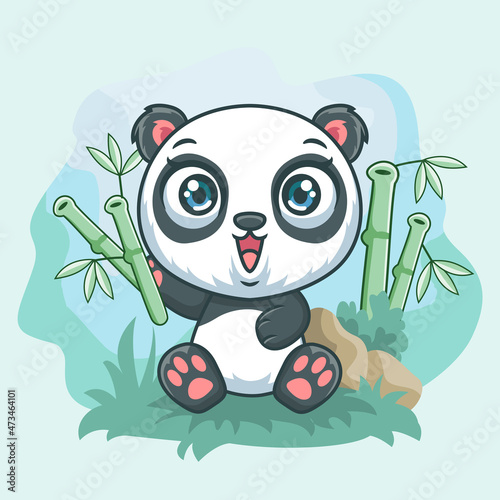 Fototapeta Naklejka Na Ścianę i Meble -  Cartoon little panda eating bamboo in the garden