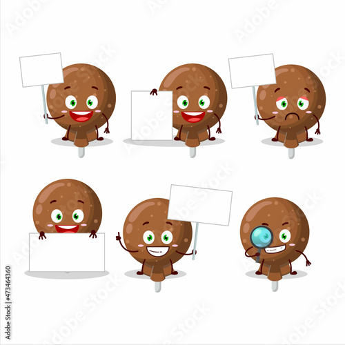 Orange lolipop wrapped cartoon character bring information board