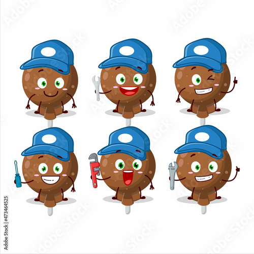 mechanic orange lolipop wrapped cute mascot character with pliers