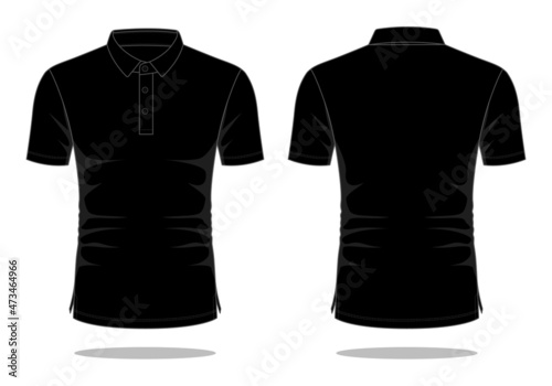 Blank black short sleeve polo shirt with shirt collar template on white background. Front and back view, vector file