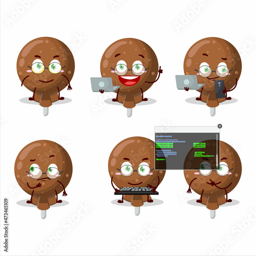 Orange lolipop wrapped Programmer cute cartoon character with