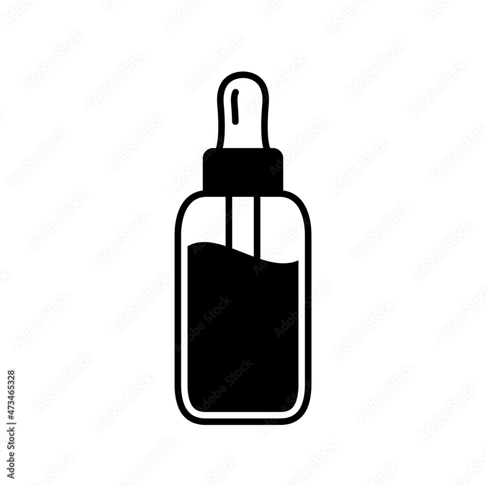 Beauty serum silhouette icon. Black simple vector of dropper bottle with cosmetic oil. Contour isolated pictogram on white background Beauty serum silhouette icon. Black simple vector of dropper bottle with cosmetic oil. Contour isolated pictogram on white background