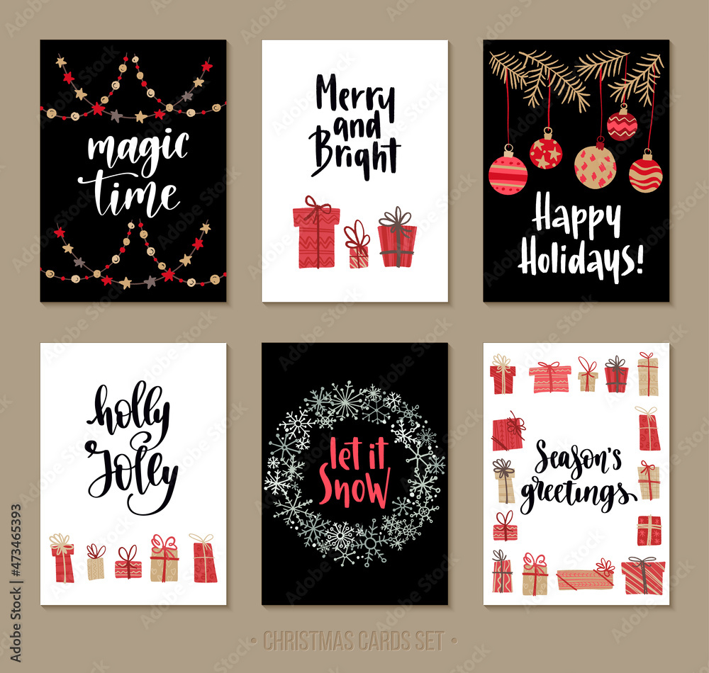 Naklejka premium Set Christmas and Happy New Year greeting cards with handwritten lettering and decorative winter holiday elements.