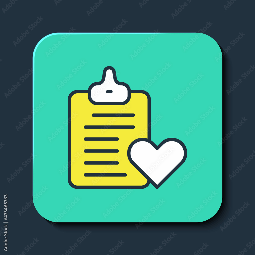 Filled outline Medical clipboard with clinical record icon isolated on blue background. Prescription, medical check marks report. Turquoise square button. Vector