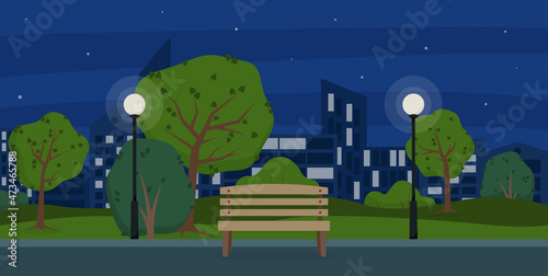 Bench and lanterns in the city park. Night park. Summer in the park.