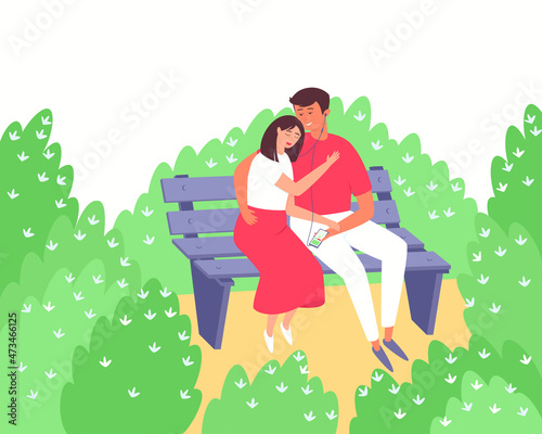 Young couple listens to music on the phone with headphones. A couple sits in an embrace on a bench in a blooming park. A romantic relationship between a man and a woman. Flat vector illustration.