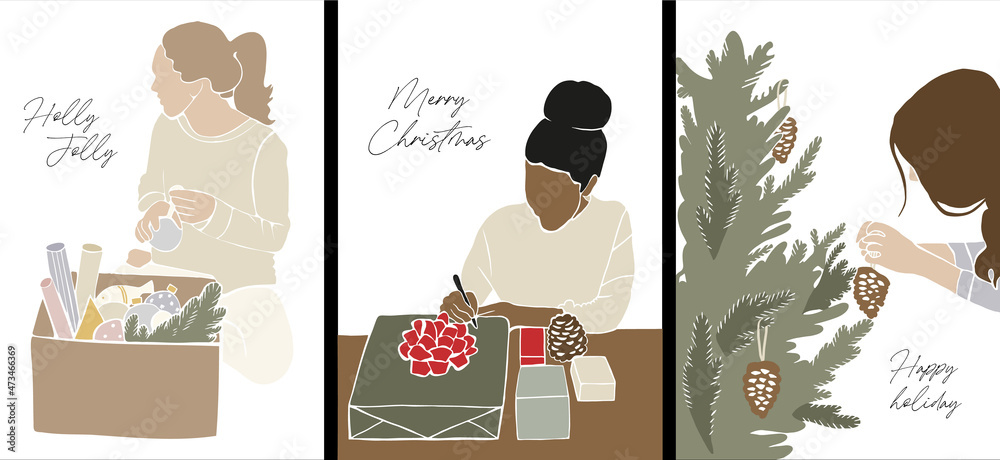 Merry Christmas and Happy New Year. Vector flat Christmas greeting cards in the style of minimalism. Women is packing gifts and decorates the Christmas tree. Scandinavian design. Happy holiday.
