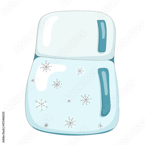 Nice cartoon refrigerator which is decorated with snowflakes. An electrical device for a fairy-tale character or doll. Toy kitchen. Hand drawn vector illustration