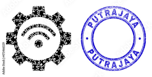 Puzzle Wi-Fi gear mosaic icon with Putrajaya seal stamp. Blue vector round scratched seal stamp with Putrajaya message. Abstract collage of Wi-Fi gear icon made of puzzle parts.