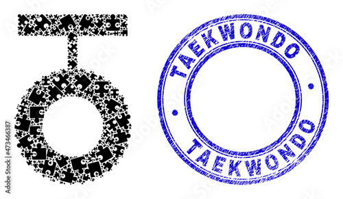 Puzzle tire swing mosaic icon and Taekwondo stamp. Blue vector round distress stamp with Taekwondo text. Abstract composition of tire swing icon organized of puzzle plugins.