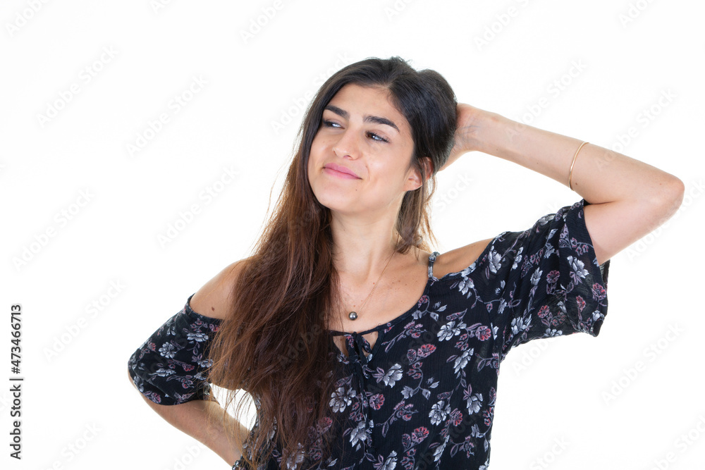 cheerful girl model pretty young woman hands on hairs in good mood happy beauty concept on white background cheerful girl model pretty young woman hands on hairs in good mood happy beauty concept on white background