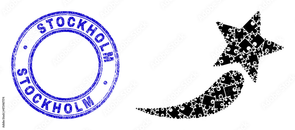 Puzzle raising star mosaic icon with Stockholm seal stamp. Blue vector round distress seal stamp with Stockholm phrase. Abstract mosaic of raising star icon made of puzzle glyphs. Puzzle raising star mosaic icon with Stockholm seal stamp. Blue vector round distress seal stamp with Stockholm phrase. Abstract mosaic of raising star icon made of puzzle glyphs.