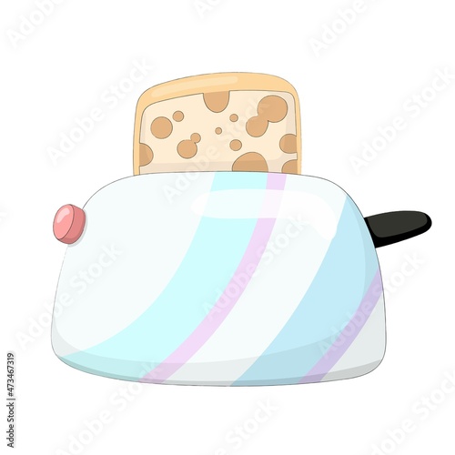Nice cartoon toaster with a slice of bread. An electrical device for a fairy-tale character or doll. Toy kitchen. Hand drawn vector illustration