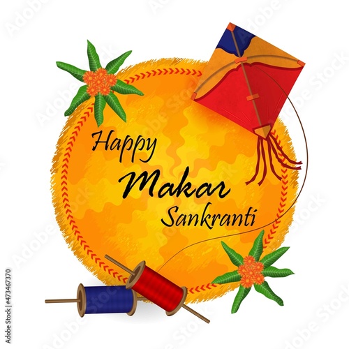  Happy Makar Sankranti, Hindu festival of Makar Sankranti with a kite, spool, mango leaves, and marigold flowers, Colorful flying kite Banner Poster Vector Illustration Mandala Background	