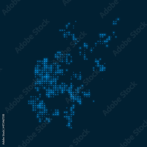 Orkney Islands dotted glowing map. Shape of the island with blue bright bulbs. Vector illustration.