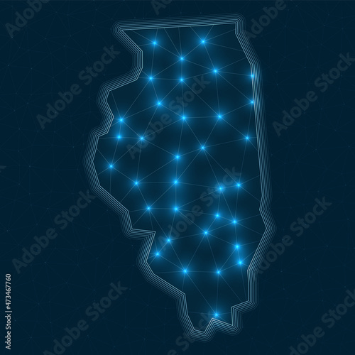 Illinois network map. Abstract geometric map of the us state. Digital connections and telecommunication design. Glowing internet network. Neat vector illustration.