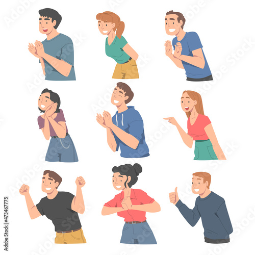 Excited People Character Looking at Someone Clapping Hands and Showing Thumb Up Vector Set