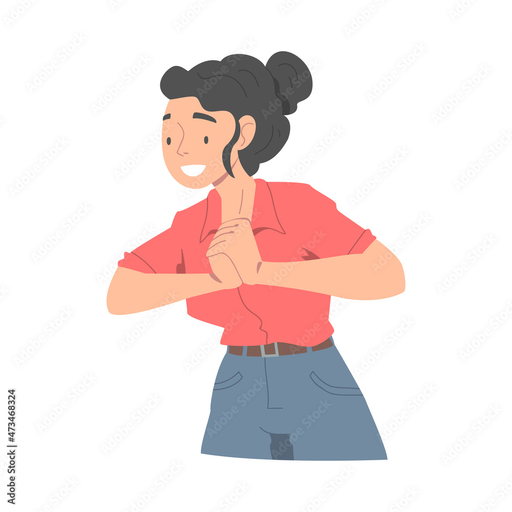 Excited Woman Character Looking at Someone Putting Her Hands Together Demonstrating Attention Vector Illustration Excited Woman Character Looking at Someone Putting Her Hands Together Demonstrating Attention Vector Illustration
