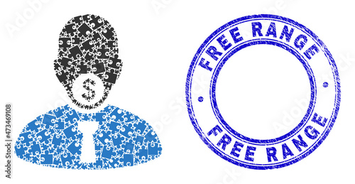 Puzzle hush money mosaic pictogram with Free Range seal. Blue vector round grunge seal with Free Range text. Abstract mosaic of hush money icon made of puzzle glyphs.