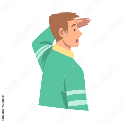 Looking Into Future Man Character with His Hand on Forehead Vector Illustration
