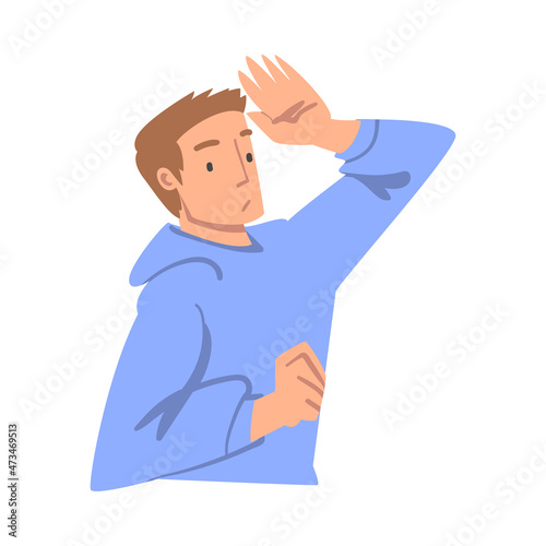 Looking Into Future Man Character with His Hand on Forehead Vector Illustration