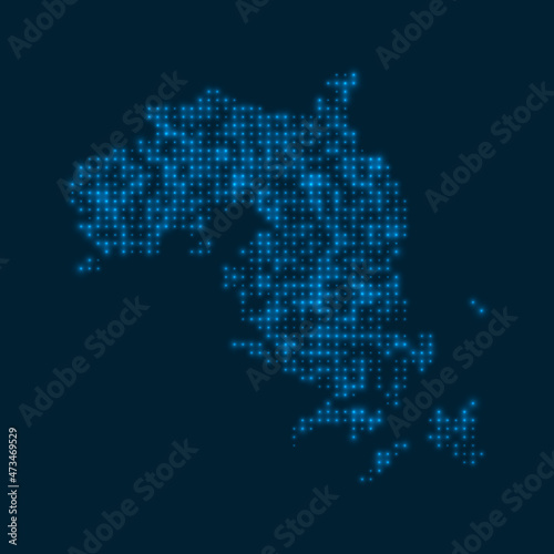 Bintan Island dotted glowing map. Shape of the island with blue bright bulbs. Vector illustration.